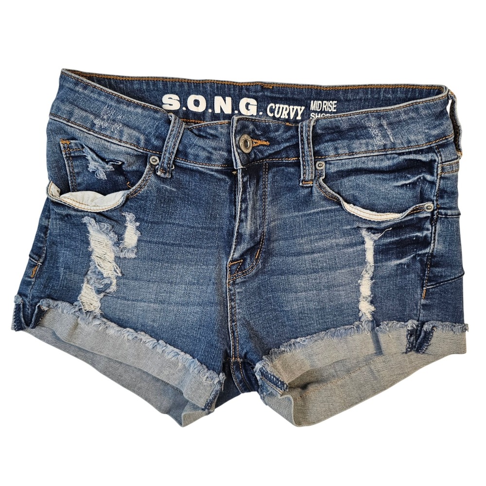 S.O.N.G. Curvy Mid Rise Distressed Denim Shorts Medium Wash Blue Size 5/27